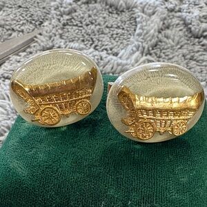 Vintage Gold Wagon Button Cuff links- Cream Background